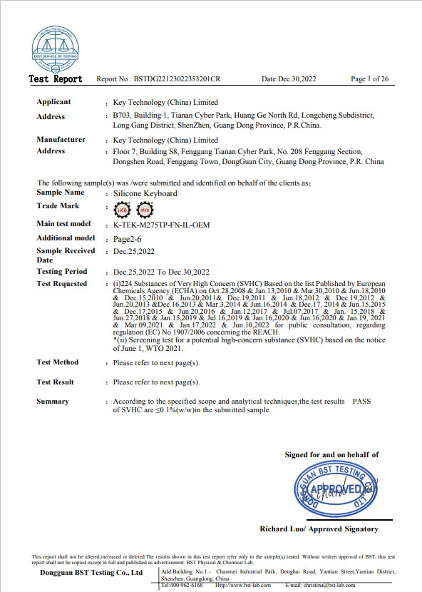 Key Technology ( China ) Limited Certifications
