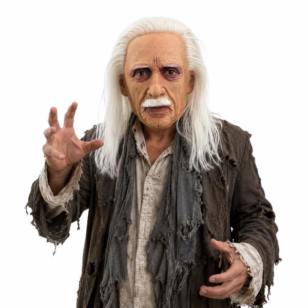Long White Hair Old Man Latex Full Head Mask with White Mustache, Realistic Wrinkles, Aged Skin Texture and Visible Eye Openings for Halloween Party Cosplay Costume Photo Video Props