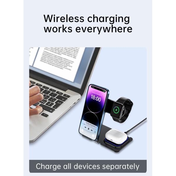Aluminum Alloy 3 In 1 Wireless Charging Stand 15W Power Over Temperature Protection