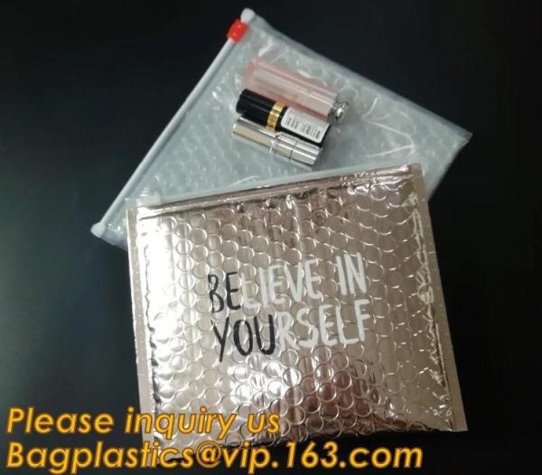 Saco acolchoado do fecho de correr do encarregado do envio da correspondência do Pe do saco plástico de bolhas do zíper da prata do ouro de Rosa da fábrica fechamento material plástico autoadesivo cosmético brilhante,