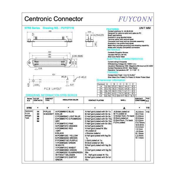 64 разъем-розетка прямого угла PCB соединителя 32paris Pin Centronics с гайками