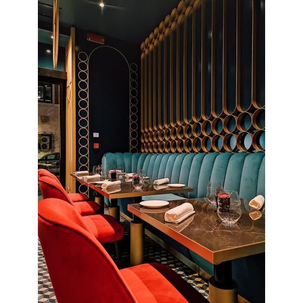 Retro One Stop Solution Bar Restaurant Booth Seating Long Couch Railing Screen Wall Cabinet