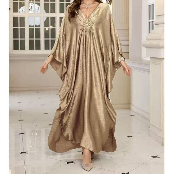 Plus Size Women's Fashion Printed Back Slit Long Dress, European and American Style V-Neck Pleated Dress, Fashionable Vacation Style Long Dress