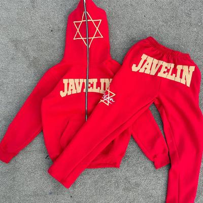 Vêtements de rue Terry français sur mesure Full Face Fermeture à glissière Hoodie Binding Embroidery Patch Logo Drop Shoulder Rouge Hoodie et Sweatpants Set