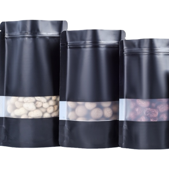 Wholesale Custom Print Matte Window Zipper Stand Pouch Black Resealable Zip Lock Bag Aluminum Foil Bags