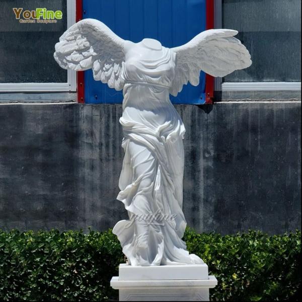 Natural Stone Hand Carved Large White Victory Wings Sculpture Marble Winged Angel Statue