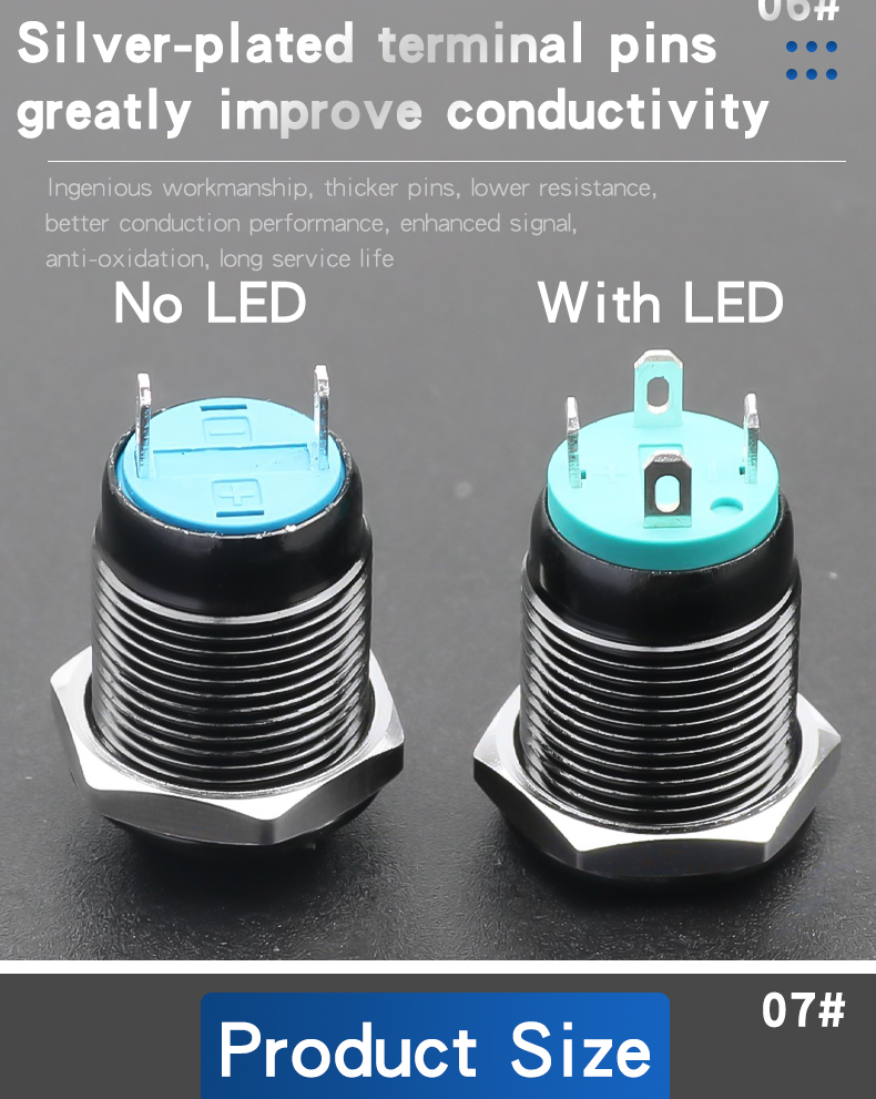 YZ 12mm Metal Push Button Switch Momentary 1NO Oxidized Black Shell High/Flat Head IP65 3A 4-Pin Power LED 6V-220V 100000