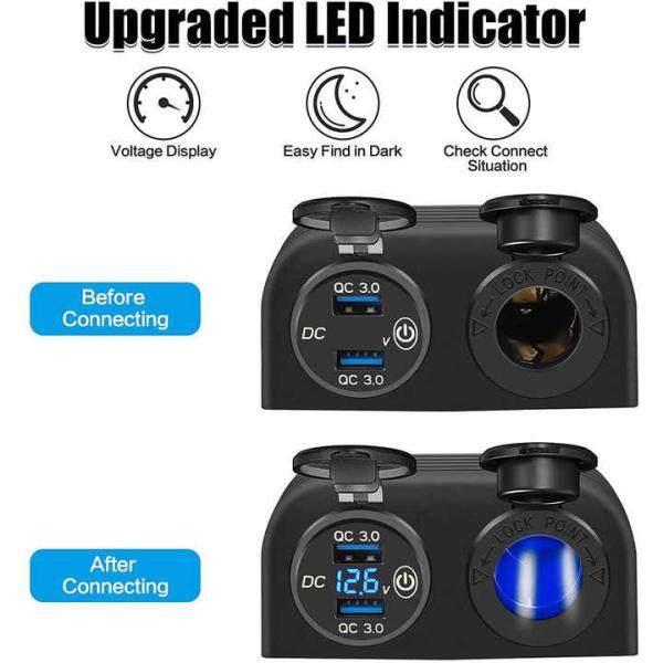 QC3.0 Double USB Car Charger Waterproof Switch Voltage 12-24V