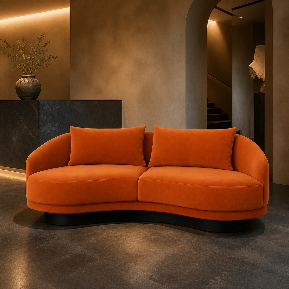 Sculptural Curved 2-Seater Sofa in Burnt Orange Upholstery SF-010