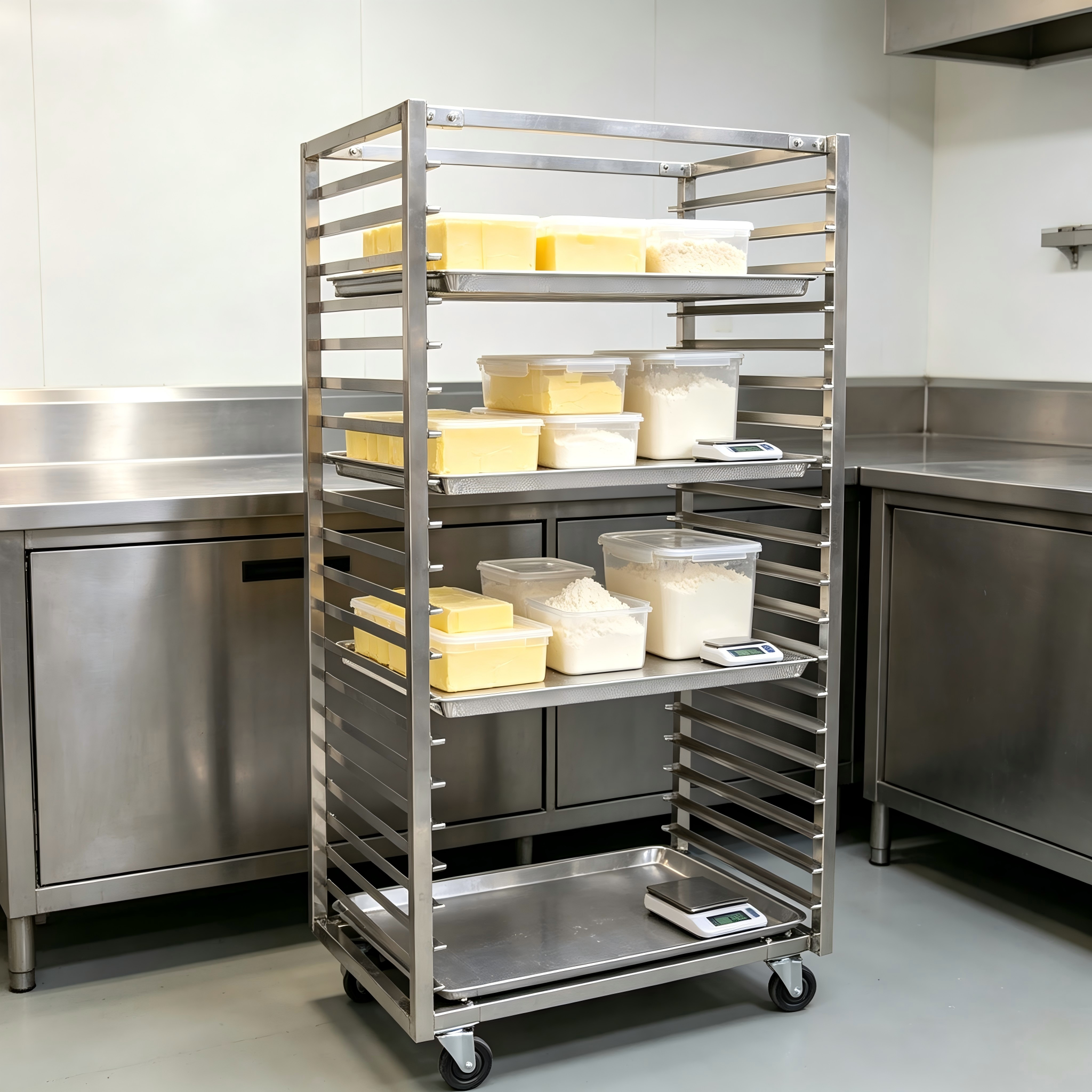 Stackable Stainless Steel Rack Trolley with 15 Tiers and Anti-Collision Bumper for Bakery and Warehouse