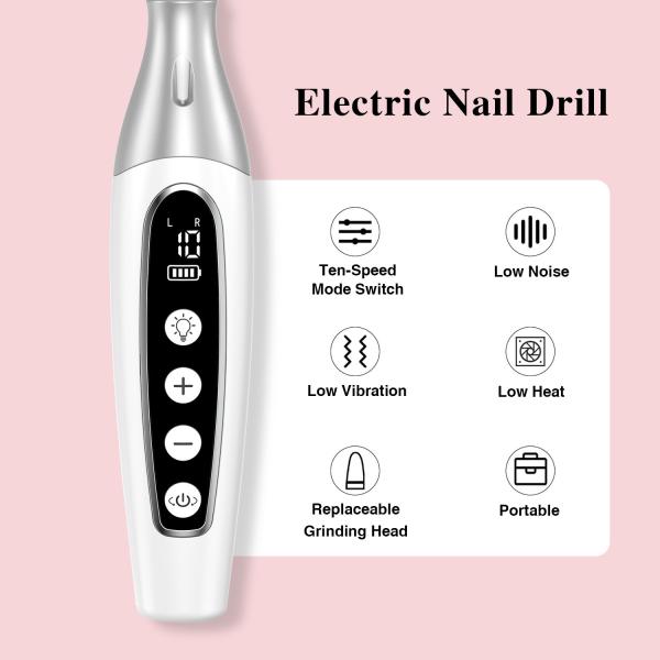 Máquina de moer unhas portátil 10 velocidades de nível Baixo ruído USB Carregamento Pedicure Pedicure Set de arquivo de unhas Forno de unhas elétrico