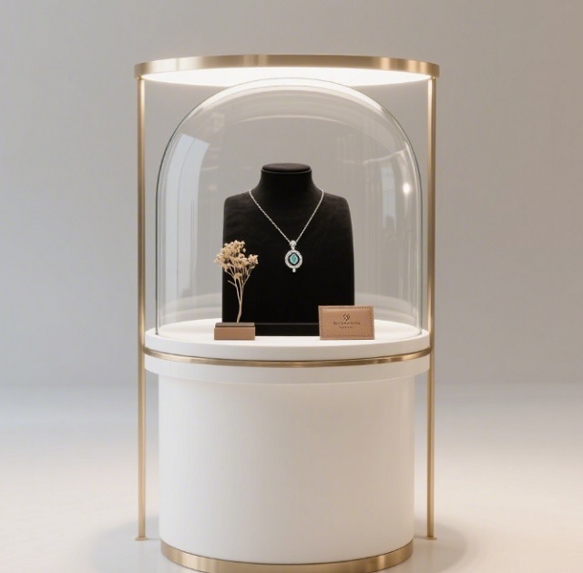 Luxury Double Dome Jewelry Display Pedestal for Shopping Malls | Cream Body with Brushed Gold Trim | Glass Cloche Top LED Lights