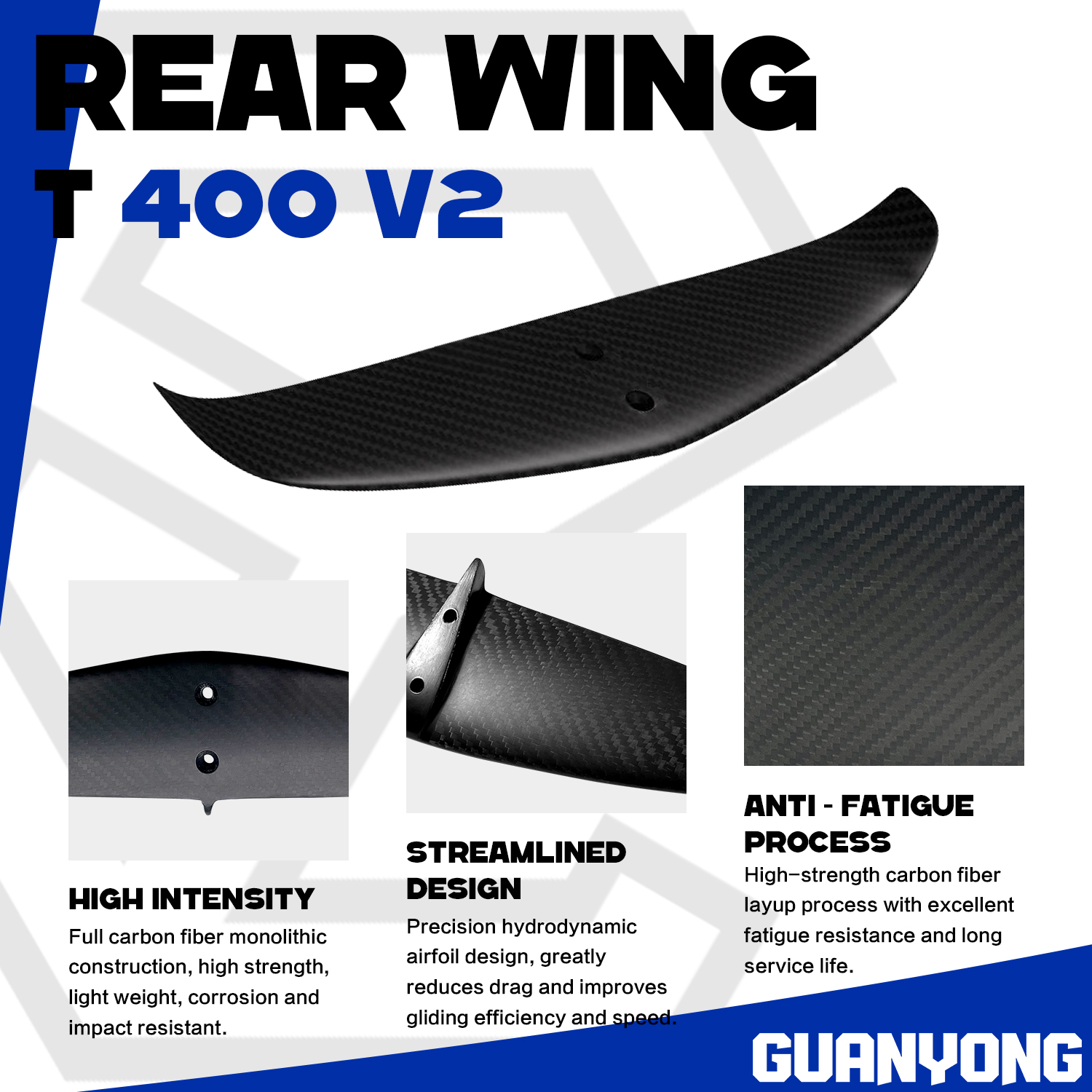T400v2 Universal Rear Wing Back Carbon Accessories Surfboard Kite Wave Dock Start Pupming Play Surfing for Foil Hydrofoil