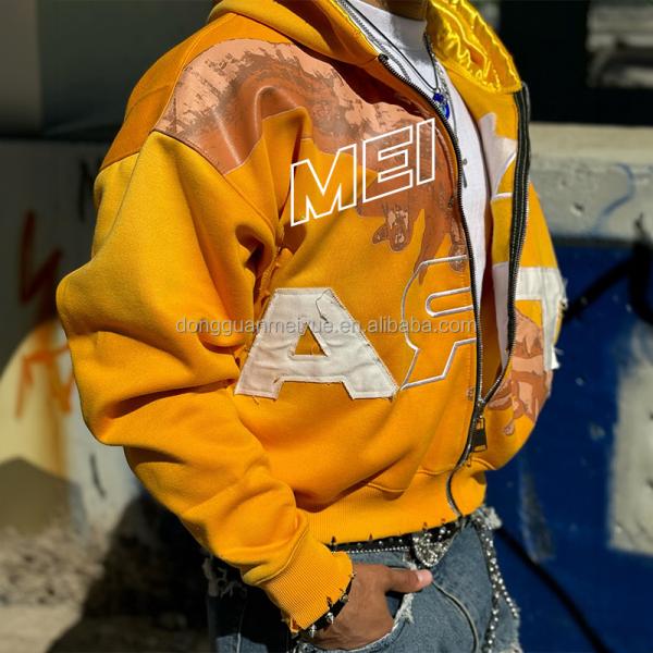 Camiseta con sudadera de desafío con cierre de cerradura con chaqueta de lavado con ácido hombre vintage con doble capa de ropa callejera con sudadera