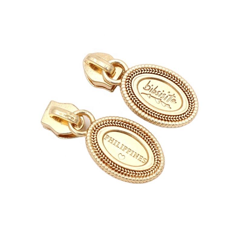 Custom Engraved Logo Metal Zipper Puller, Gold Oval Embossed Decorative Zipper Pull Tab, Premium Metal Zipper Slider Hardware Accessories for Handbags, Purses & Luggage
