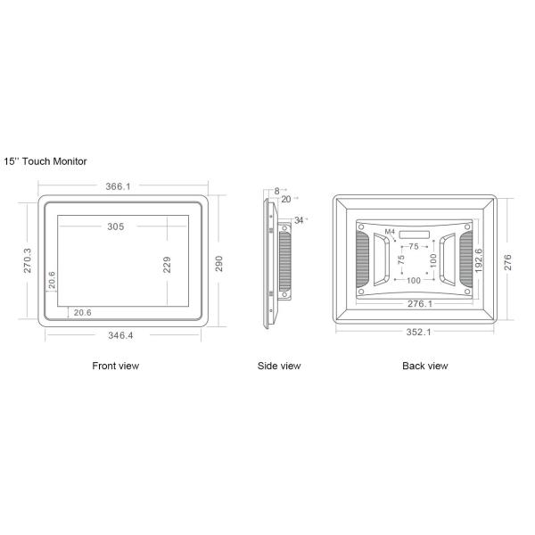 9V-28V Wide Voltage Wall Mount Touch Screen PC IP65 Support 15 Inch With 2 RJ45