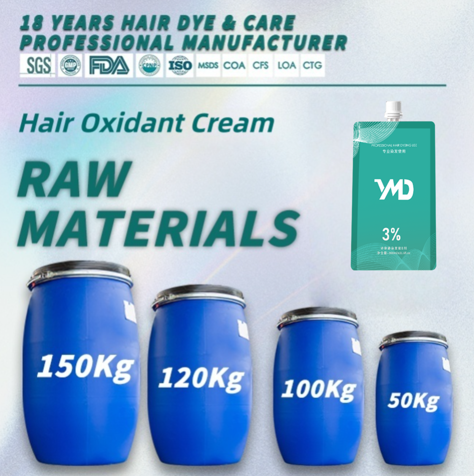 YMD Premium Quality OEM Hair Oxidant Cream Raw Material 3% 6% 9% 12% Permanent Hair Color  Developer