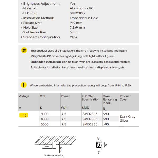 A220D recessed strip light, Aluminum + PC, SMD3014, 3000/4000/6000K, DC12V, 5W/M