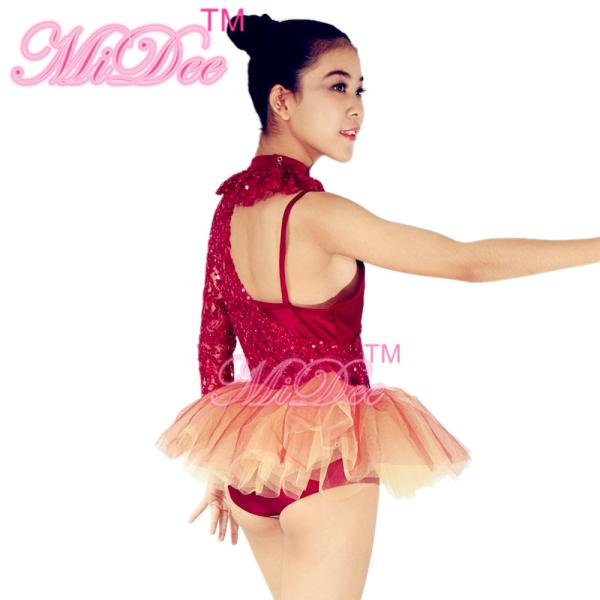 2 In 1 Ballerina Dance Costumes Asymmetrical Oone Sleeve Sequin Dress Two Tones Tulle Skirt Dress