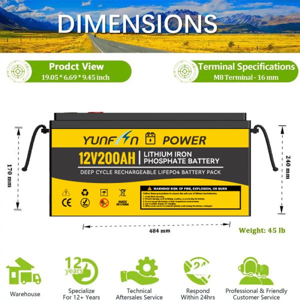 12V 200Ah LiFePO4 Battery 0.5C Charge Discharge 12.8V 2560Wh Deep Cycle Lithium Battery With BMS 5000 Cycles Replace Lead Acid For RV Solar Marine UPS Backup Power