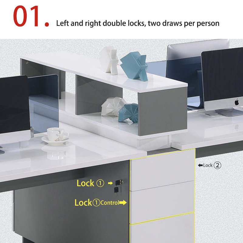 4-person staff desk with storage drawers, white glossy painted office desk
