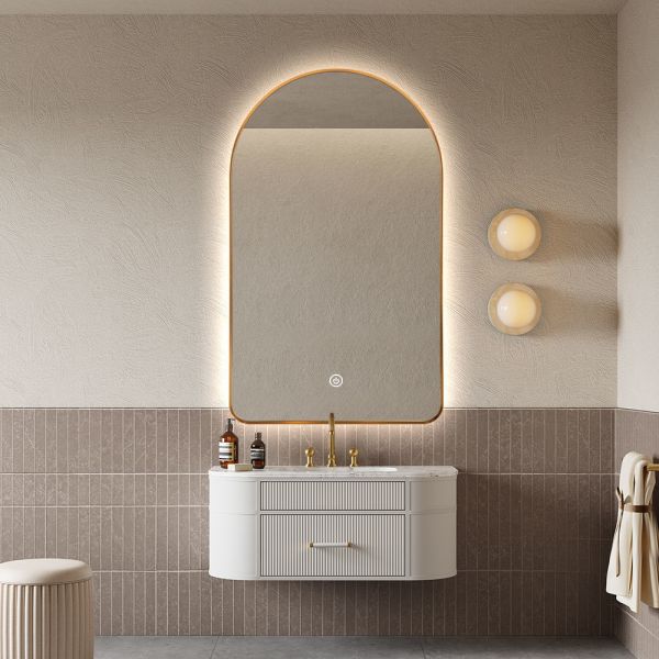 Gold Aluminum Frame LED Bathroom Mirror Anti Fog Touch Sensitive Mirror Arched