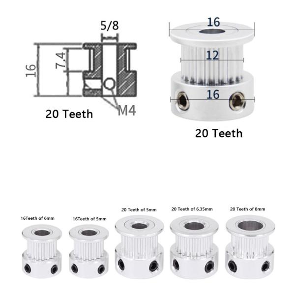 Aluminum Alloy 2GT Width 6mm Timing Belt Wheel 16 Tooth 20 Tooth