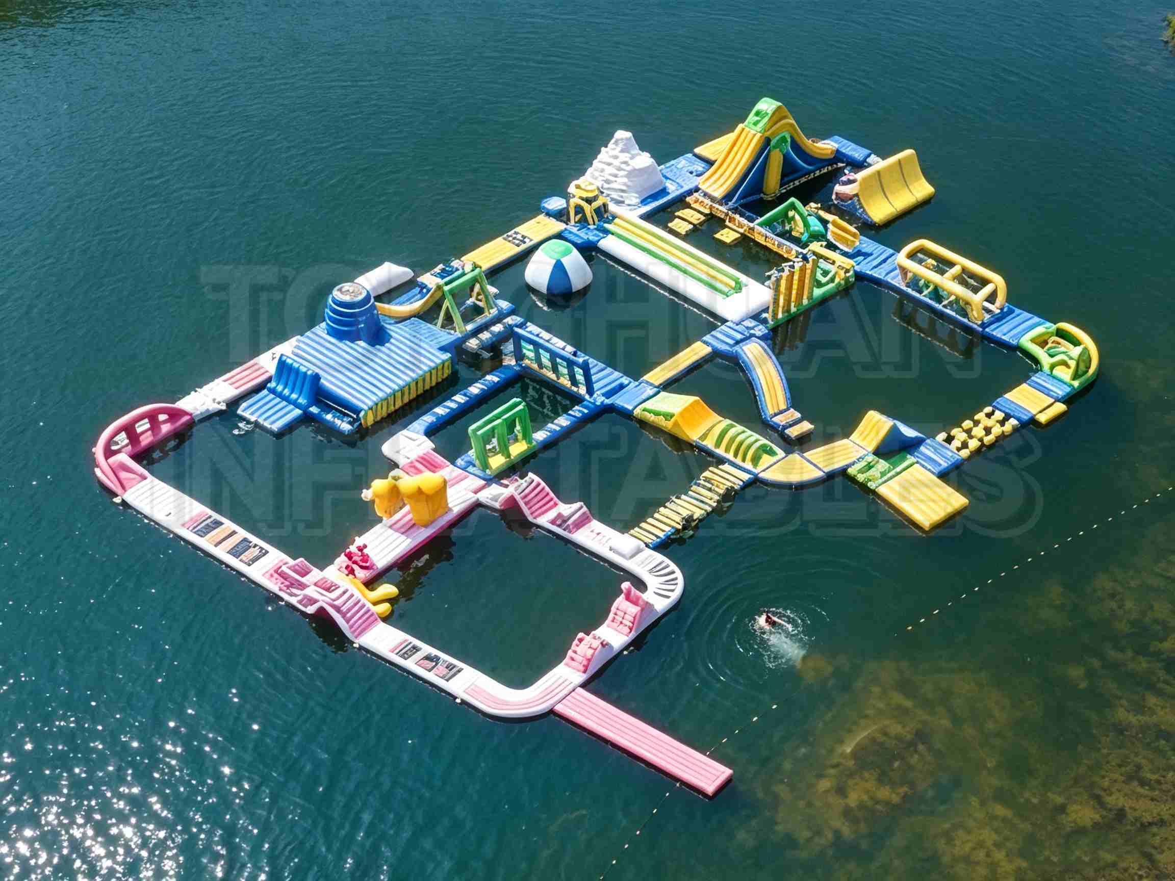 Custom Modular Inflatable Water Park with Colorful Slides Climbing Walls Balance Bridges and Floating Activity Zones for Lakes Resorts Camps and Commercial Projects
