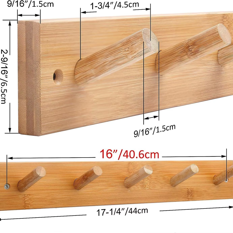 Nordic Style Solid Wood Coat Hanger with Stylish Key Hooks Wall-Mounted for Clothes & Sundries Multi-Purpose Use