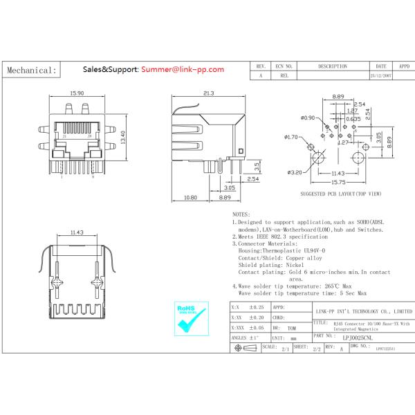 RJ-001 Magnetic RJ45 Jack with Resistor / High Voltage Capacitor LPJ0025CNL