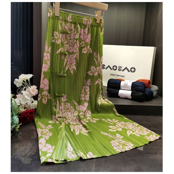 Original Design Pleated Chinese Style Disc Half Skirt 2024 Printed Pleated Skirt Wrap Slit Summer Skirt