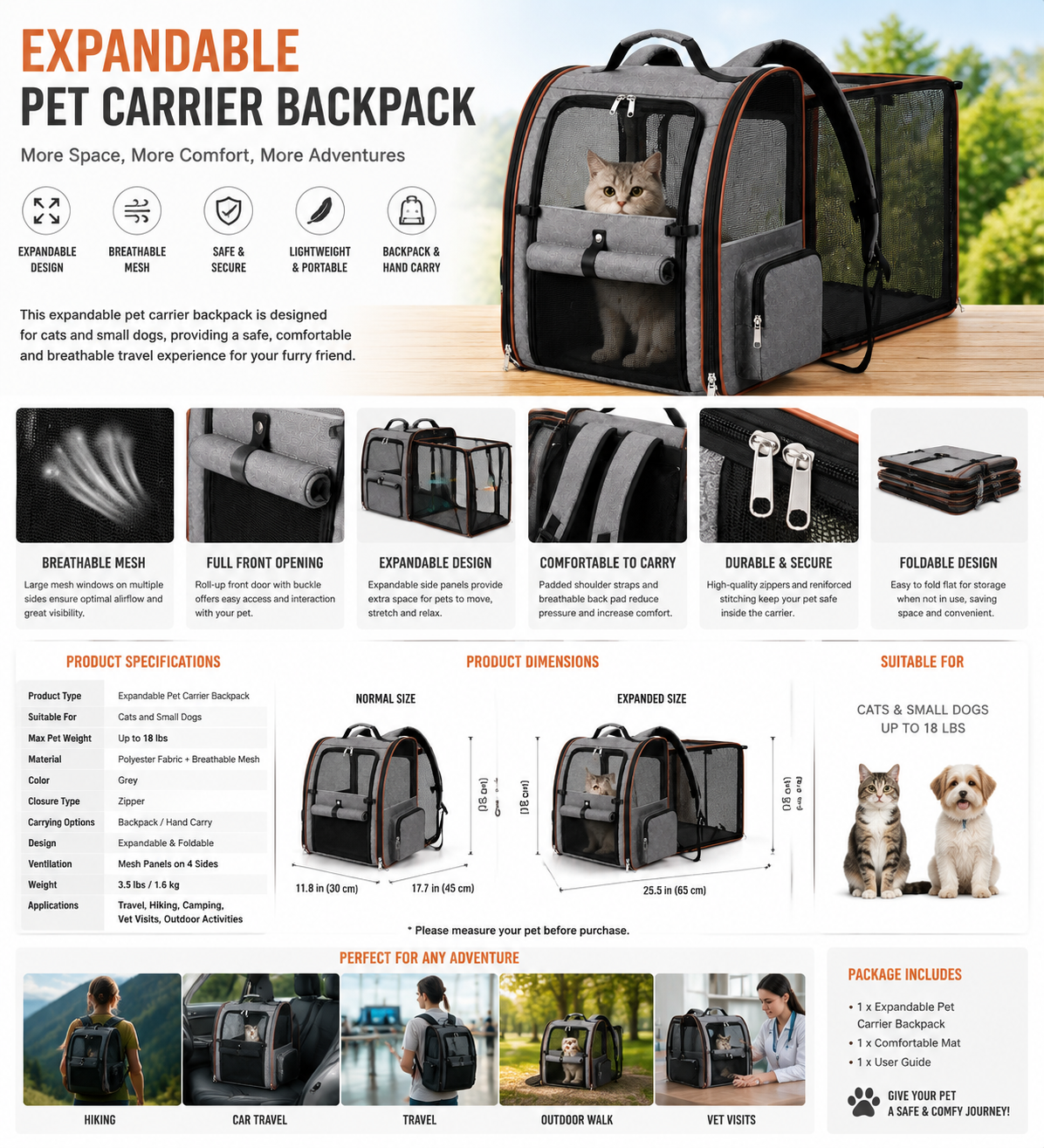 Cat Backpack Carrier for Travel and Hiking, Expandable Pet Carrier Backpack with Breathable Mesh, Sun Shade Window, Front Opening Design for Small Dogs and Medium Cats up to 18 lbs