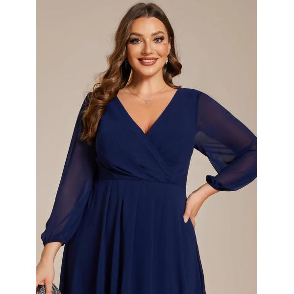 Plus Size Ruffled A-line Long Sleeve V-neck High Low Wedding Guest Navy Blue Chiffon Bridesmaid Dress