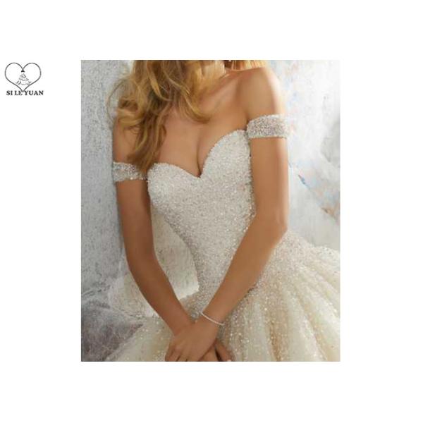 Sexy Ivory Ball Gown Wedding Dress Off Shoulder Short Sleeve Heavy Beading