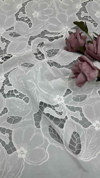 White Cotton Laser Out  Floral Embroidered Cotton Corded Lace Fabric By The Yard For Fashion Women Dress