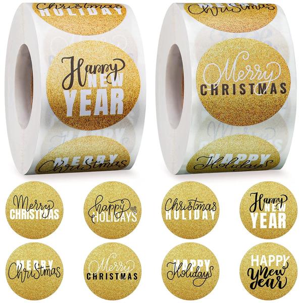 Напечатанный круглый стикер обозначает рождество изготовленными на заказ стикерами круга сусального золота
