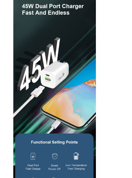 2 порта USB A + C GaN Быстрое зарядное устройство складное 45 Вт Для iPhone 15/15 Plus/15 Pro/15 Pro Max/14, Galaxy