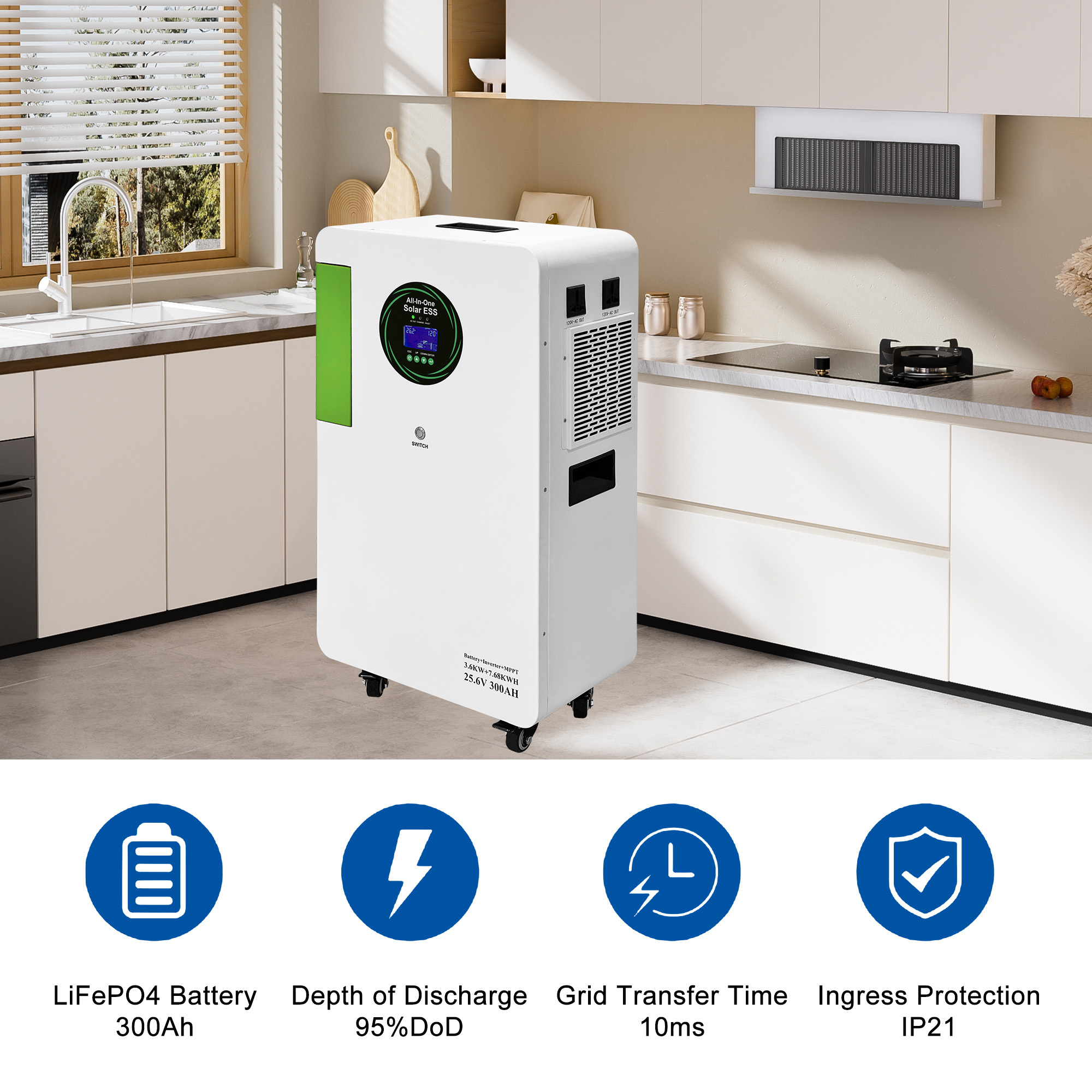 3.6kW Hybrid Inverter with 7.68kWh Battery Pack and Mobile Rollers for Home Energy Storage System