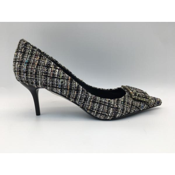 Checkered Upper Ladies Pumps Shoes , Women'S High Heel Dress Shoes With Square Metal Buckle