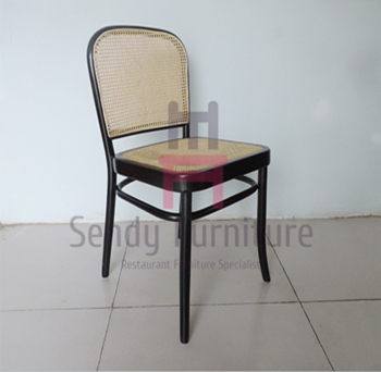 Wood Cane Rattan Dining Chairs With Black Lacquered Birch Wood Frame