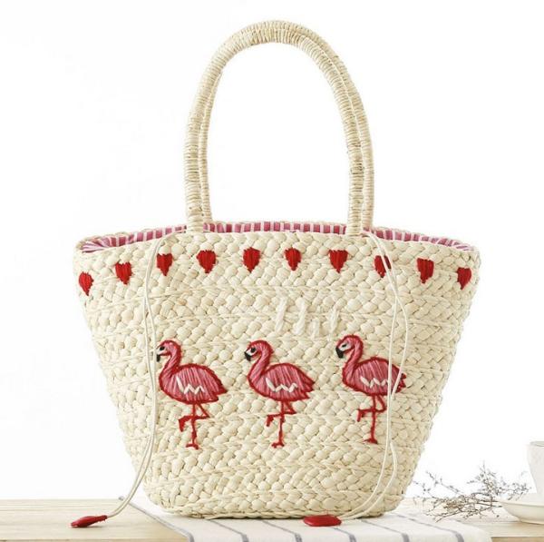 New Korean version of the hand-embroidered shoulder bag straw bag beach knitting female fashion flamingo
