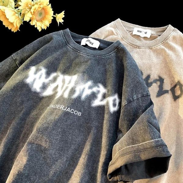 Etiquetas personalizadas T-shirts masculinos de algodão pesado Impressão gráfica lavagem ácida T-shirt vintage