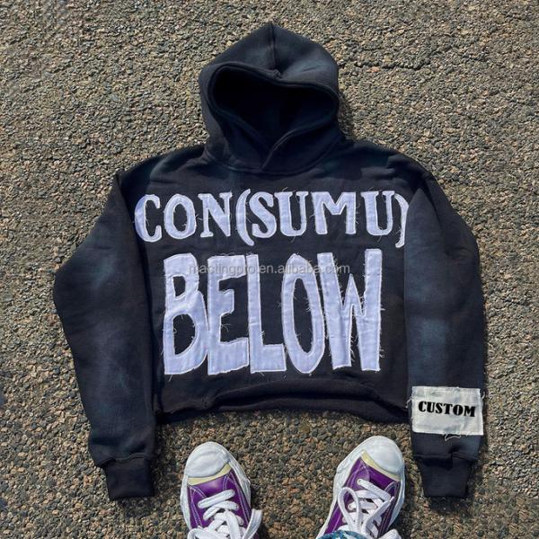 100 Cotton Hoodies For Men Terry Cut Raw Hem Embroidery Applique Sun Faded Acid Wash