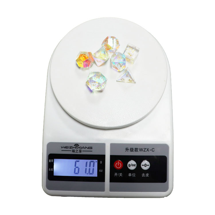 Natural Clear Quartz Crystal Polyhedral Dice Set with AB Rainbow Coating and Silver Ink Engraved Numbers for DND and RPG Games