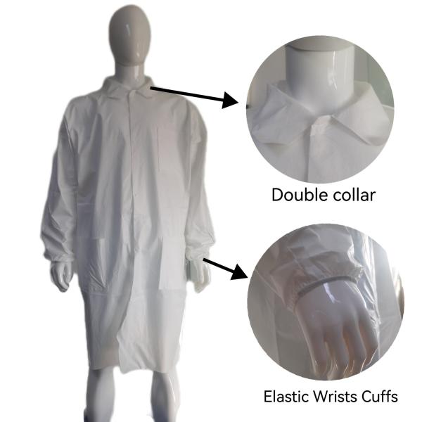 Industrial Safety PPE Dustproof 50GSM White Disposable Lab Coat with Chemical Resistance