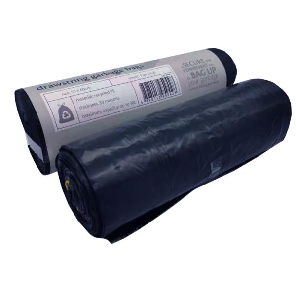 500x600mm 30 Micron 1.2 Mil Recyclable Reusable Bags Drawstring Black Bin Bags