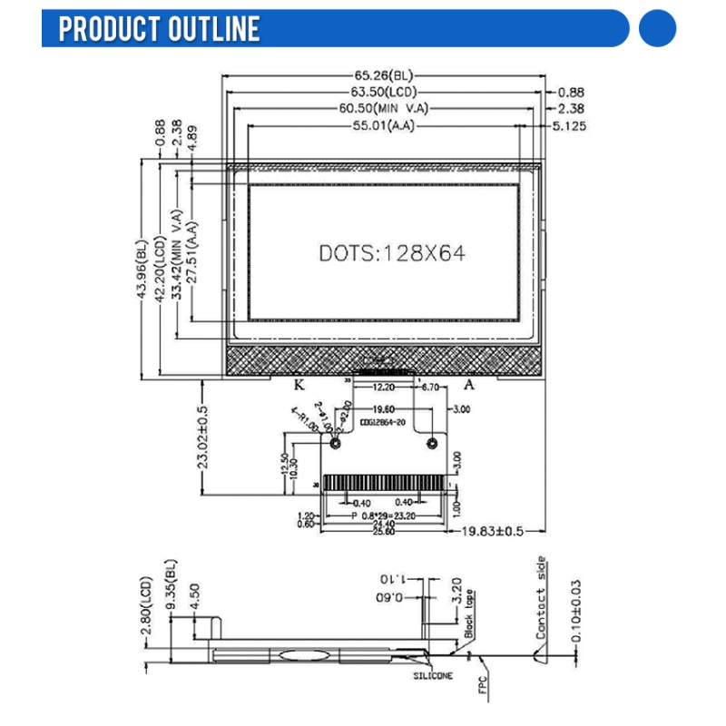 COG12864-20 Gray Film I2C \ SPI Module R30 PIN ST7565R Dot Matrix COG LCD Screen