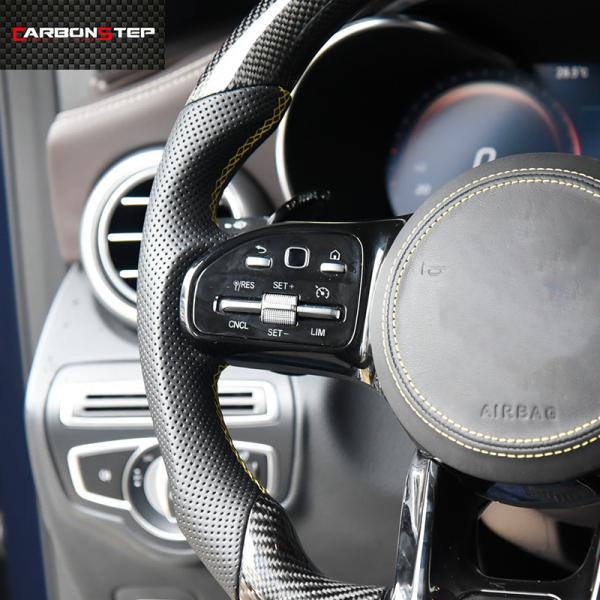 Yellow Stripe Racing Mercedes Carbon Fiber Steering Wheel White Stitching ODM