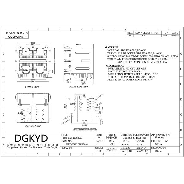 RJ45 Connector Modular Jack with Internal Magnetics 2X2 Port Configuration CAT6 Compatible