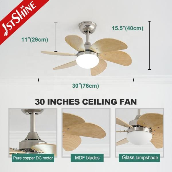 Pequeno ventilador de tecto de 30 polegadas com luz e controle remoto 6 lâminas de MDF 6 velocidades 10 anos motor